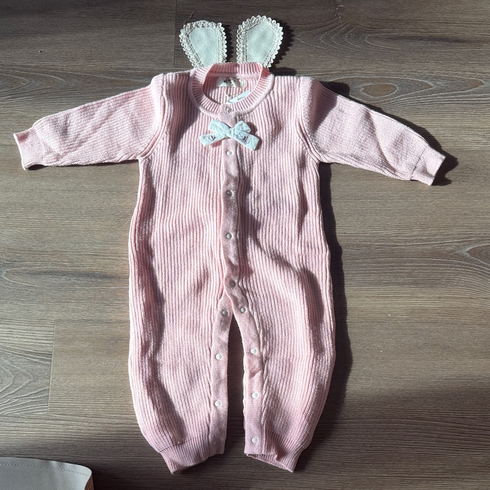 NWT baby girl cotton pink knit coverall with bunny ears and fluffy tail